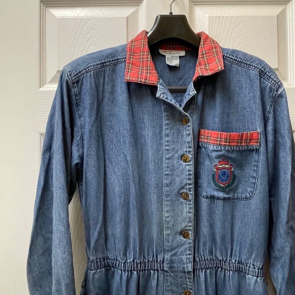 Vintage Talbots Women's Size 10 Denim Chambray Red Plaid Maxi Long Sleeve Chest